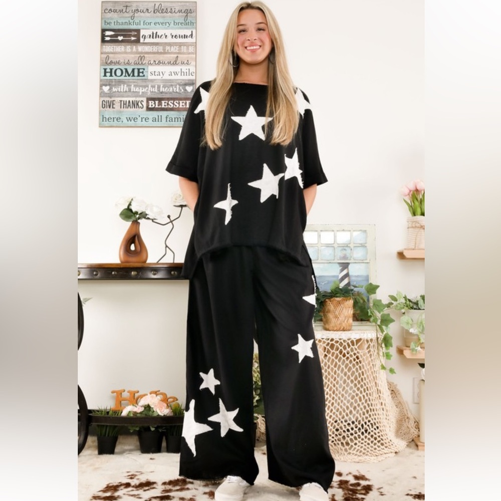 NWT! 2pc Black Star Print Linen Blends Oversized Top and Wide Leg Pants